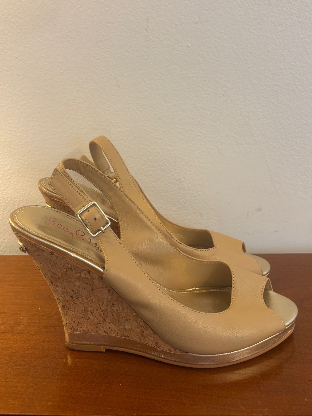 Lilly Pulitzer Kristin Cork Slingback Wedge Sandals Nude Gold Size 8.5